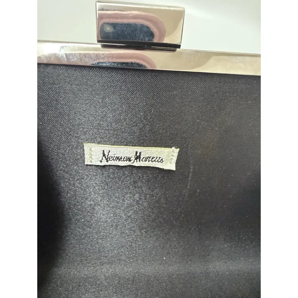 Neiman Marcus Black White Polka Dot Clutch Purse Silver Chain Shoulder Bag